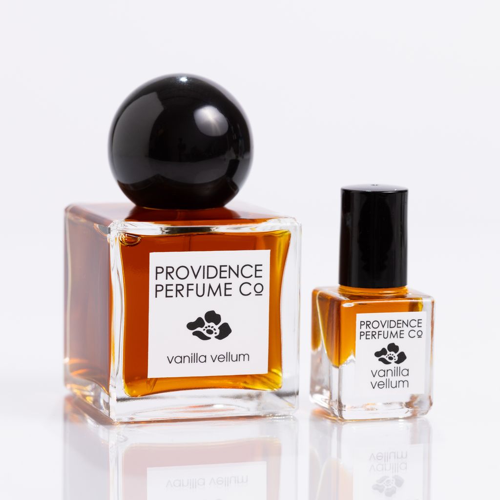 full and travel size bottles of Vanilla Vellum botanical fragrance by Providence Perfume