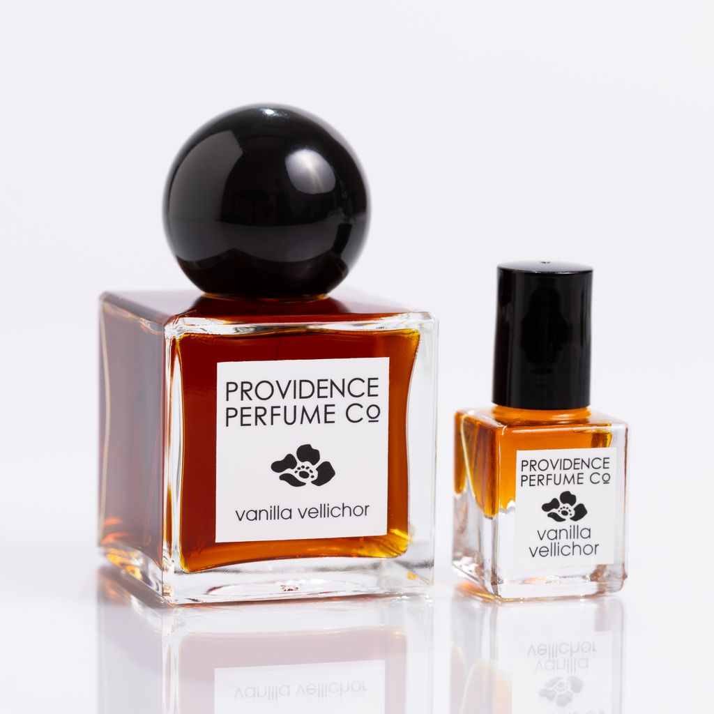 Two bottles of Providence Perfume Co. vanilla vellichor on a white background